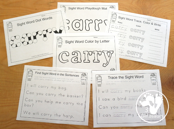 Free Romping & Roaring Third Grade Sight Words Packs Set 1: About, Better, Bring, Carry - 6 pages of activities for each third Grade sight words: about, better, bring and carry. These are great for easy to use learning centers - 3Dinosaurs.com