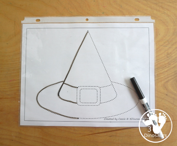Witch Hat Fine Motor Mat Printables - You have a witch hat template printable, a witch hat tracing printable, and a witch hat dot marker printable 3Dinosaurs.com