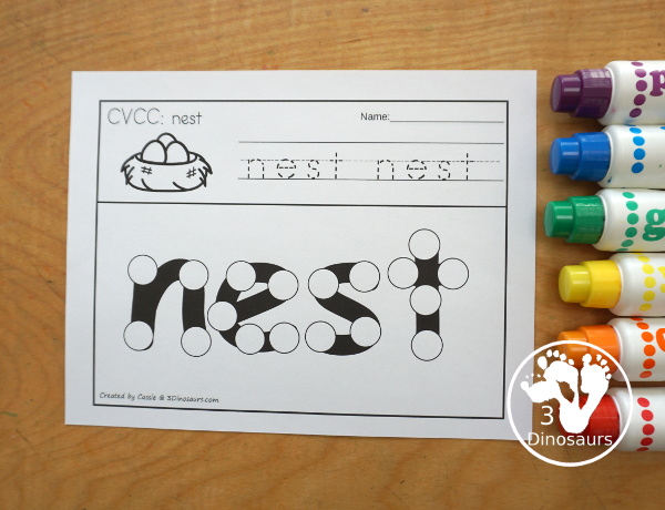 CVCC Word Family Dot Marker Words With Tracing - a fun CVCC worksheet with reading the word, tracing the word and dot marker word. Plus there is a picture to color. A great CVCC worksheet for a fun learning center. - 3Dinosaurs.com