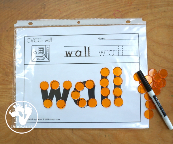 CVCC Word Family Dot Marker Words With Tracing - a fun CVCC worksheet with reading the word, tracing the word and dot marker word. Plus there is a picture to color. A great CVCC worksheet for a fun learning center. - 3Dinosaurs.com