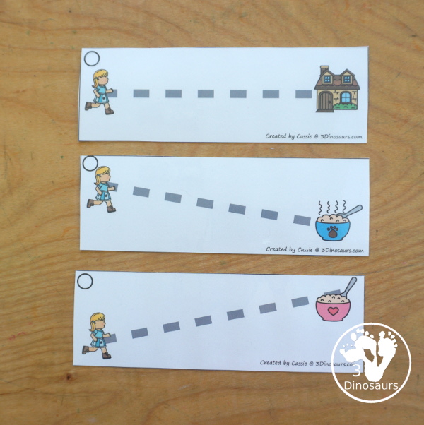 Free Goldilocks & Three Bears Prewriting Strip Printables - 10 prewriting strips with Goldilocks nad different parts of the story. You have tick dashed lines for kids to trace- 3Dinosaurs.com