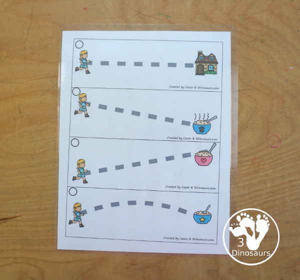 Free Goldilocks & Three Bears Prewriting Strip Printables - 10 prewriting strips with Goldilocks nad different parts of the story. You have tick dashed lines for kids to trace- 3Dinosaurs.com