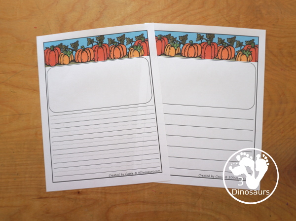 Free Pumpkin Writing Paper - two types of pumpkin writing lines to use with kids. These are great for kids on kindergarten, first grade and second grade - 3Dinosaurs.com