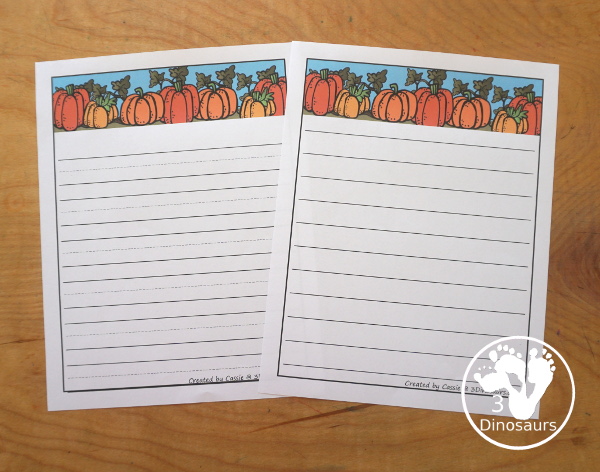 Free Pumpkin Writing Paper - two types of pumpkin writing lines to use with kids. These are great for kids on kindergarten, first grade and second grade - 3Dinosaurs.com