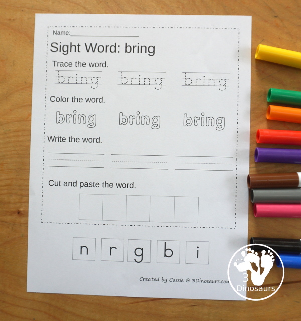 Free Third Grade Sight Word Trace, Color, Write, Cut & Paste Printable - all 41 third grade sight words with 3 sight word tracing, 3 sight word coloring, 3 sight word writing, and cut and paste - 3Dinosaurs.com