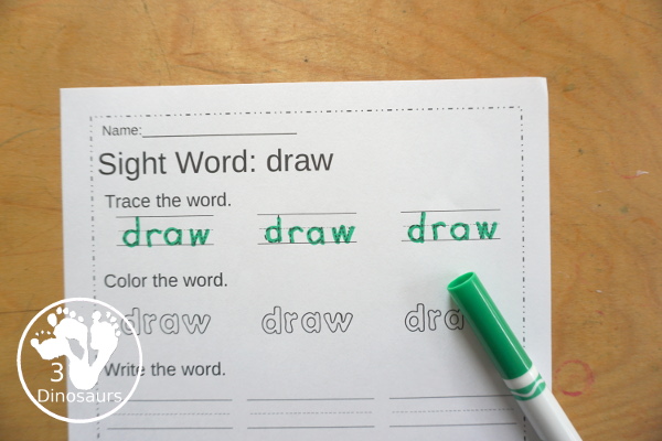 Free Third Grade Sight Word Trace, Color, Write, Cut & Paste Printable - all 41 third grade sight words with 3 sight word tracing, 3 sight word coloring, 3 sight word writing, and cut and paste - 3Dinosaurs.com