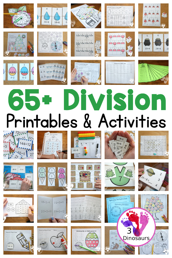 65+ Division Printables & Activities - with packs,no-prep worksheets, flashcards, clip cards, and more. They are great for second grade, third grade and fourth grade - 3Dinosaurs.com