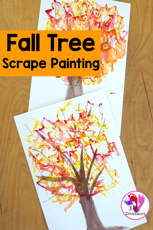 Fall Tree Scrape Painting with Leaf Cookie Cutters - a simple watercolor trunk and branches with leaf cookie cutter scrape painting. A great fall tree craft for kids.  3Dinosaurs.com