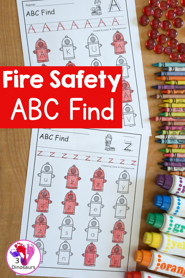 Fire Safety ABC Find Printable -all 26 letters of the alphabet with uppercase only and lowercase only letter options. You have a tracing the letter and then finding the letter worksheet. - 3Dinosaurs.com