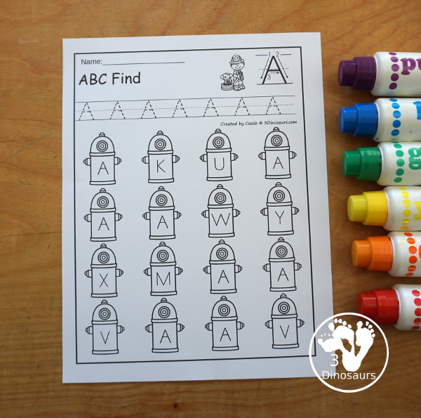 Fire Safety ABC Find Printable -all 26 letters of the alphabet with uppercase only and lowercase only letter options. You have a tracing the letter and then finding the letter worksheet. - 3Dinosaurs.com