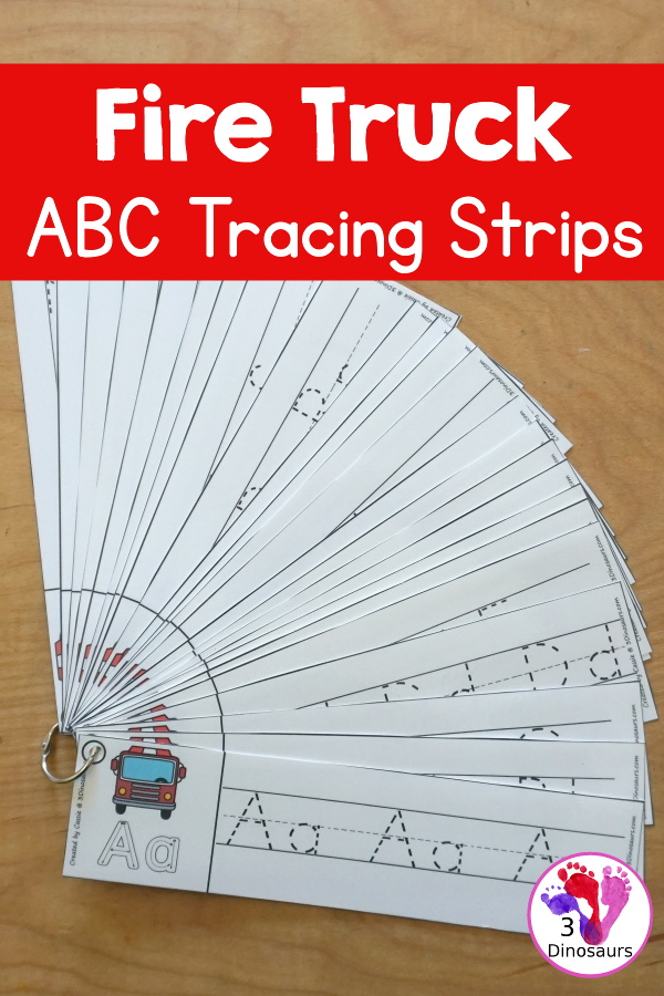 Free Fire Truck ABC Tracing Strips - with uppercase and lowercase together. You have fun kids with a Fire Truck- plus you can see an example of how to trace the letters - 3Dinosaurs.com