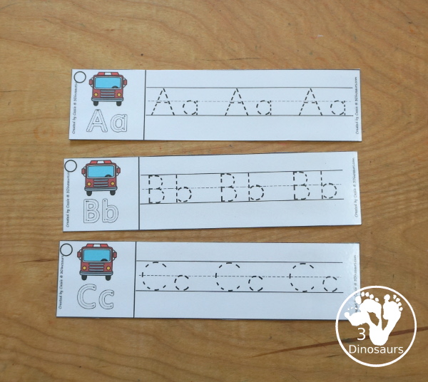 Free Fire Truck ABC Tracing Strips - with uppercase and lowercase together. You have fun kids with a Fire Truck- plus you can see an example of how to trace the letters - 3Dinosaurs.com