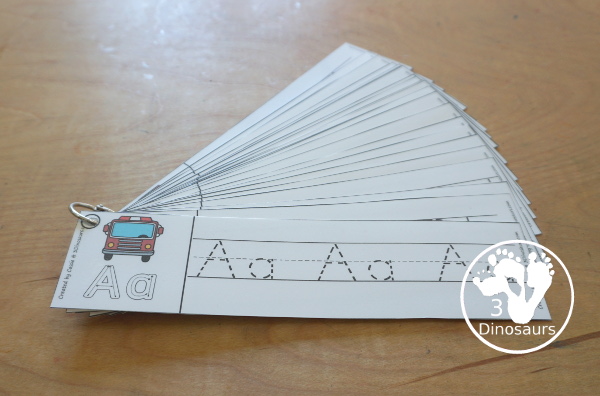 Free Fire Truck ABC Tracing Strips - with uppercase and lowercase together. You have fun kids with a Fire Truck- plus you can see an example of how to trace the letters - 3Dinosaurs.com