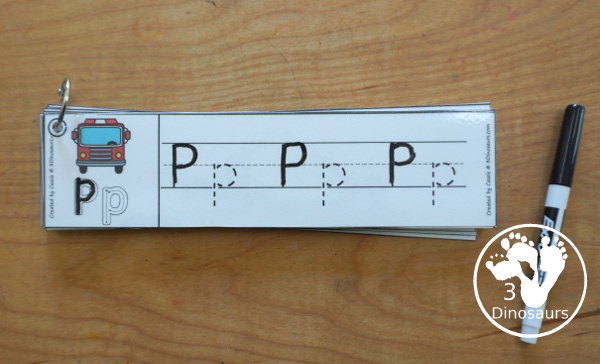 Free Fire Truck ABC Tracing Strips - with uppercase and lowercase together. You have fun kids with a Fire Truck- plus you can see an example of how to trace the letters - 3Dinosaurs.com