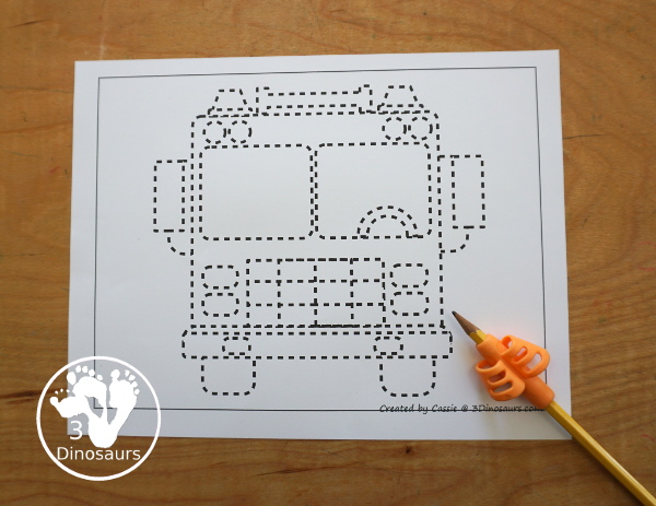 Fire Truck Fine Motor Mat Printables - has three fine motor mats for kids. You have a truck template, a truck tracing page, and a truck q-tip page. Each is a great way to work on fine motor for a fire safety theme or community helper theme. - 3Dinosaurs.com