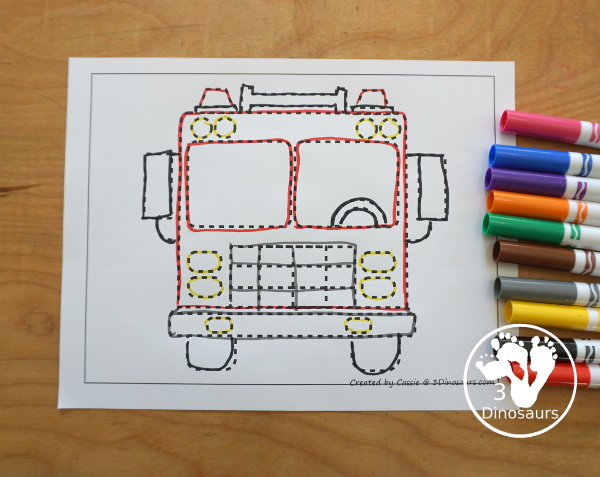 Fire Truck Fine Motor Mat Printables - has three fine motor mats for kids. You have a truck template, a truck tracing page, and a truck q-tip page. Each is a great way to work on fine motor for a fire safety theme or community helper theme. - 3Dinosaurs.com