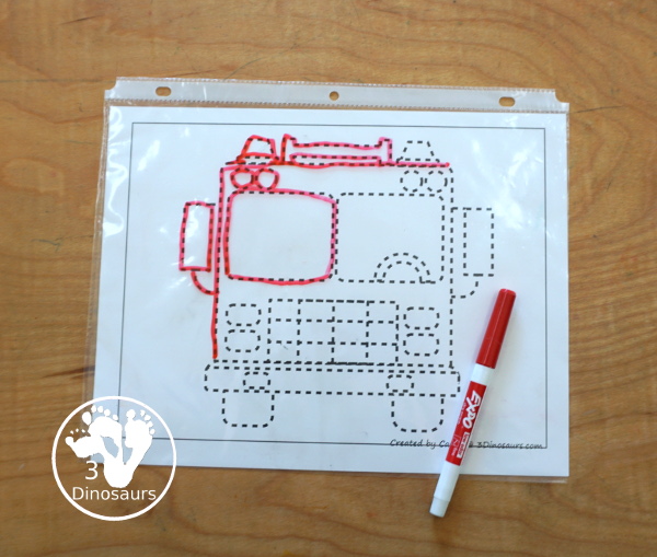 Fire Truck Fine Motor Mat Printables - has three fine motor mats for kids. You have a truck template, a truck tracing page, and a truck q-tip page. Each is a great way to work on fine motor for a fire safety theme or community helper theme. - 3Dinosaurs.com