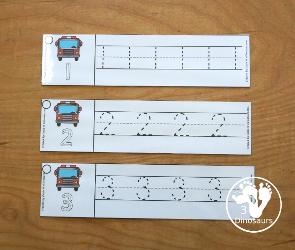 Free Fire Truck Number Tracing Strips - with numbers 0 to 20. You can tracing the numbers and an example of how to trace the numbers on the strips, plus a fire truck on each tracing strip. - 3Dinosaurs.com