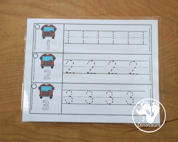 Free Fire Truck Number Tracing Strips - with numbers 0 to 20. You can tracing the numbers and an example of how to trace the numbers on the strips, plus a fire truck on each tracing strip. - 3Dinosaurs.com