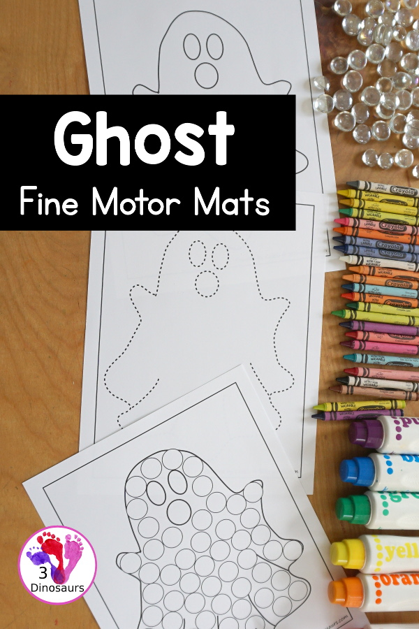 Free Ghost Fine Motor Mats For Kids with 3 different ghost fine motor mats. You have a ghost template page, a ghost tracing page, and a ghost dot marker page. A great fine motor activity for kids in preschool, prek and kindergarten. - 3Dinosaurs.com