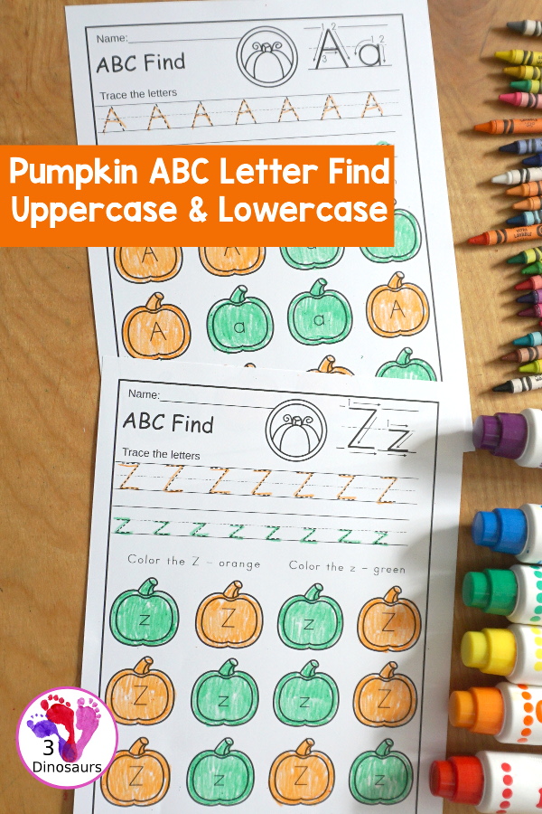 Pumpkin ABC Letter Find: Uppercase & Lowercase - a fun pumpkin letter find with only one letter with uppercase and lowercase of the same letter with tracing and finding the letter. - 3Dinosaurs.com