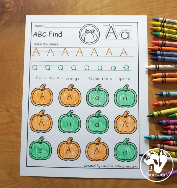 Pumpkin ABC Letter Find: Uppercase & Lowercase - a fun pumpkin letter find with only one letter with uppercase and lowercase of the same letter with tracing and finding the letter. - 3Dinosaurs.com