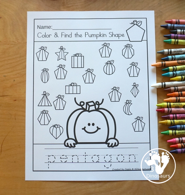 Pumpkin Color the Shape & Find the Shape - you have 12 shapes for kids to learn about. A fun way to work on shapes and shape words. A great kindergarten and prek worksheet for shapes - 3Dinosaurs.com