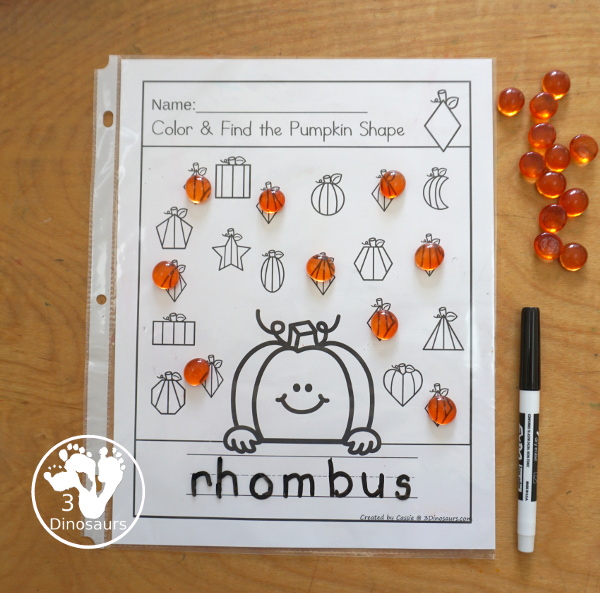 Pumpkin Color the Shape & Find the Shape - you have 12 shapes for kids to learn about. A fun way to work on shapes and shape words. A great kindergarten and prek worksheet for shapes - 3Dinosaurs.com