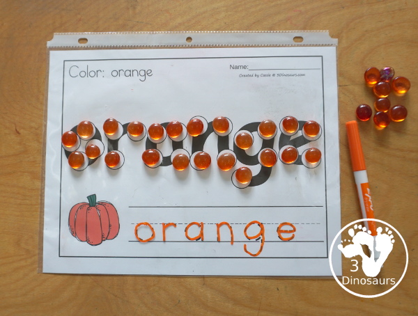 Pumpkin Dot Marker Color Word Printable - a fun printable that has a dot marker color word, a color word to trace, and a pumpkin matching the color or a pumpkin to color to match the word. - 3Dinosaurs.com