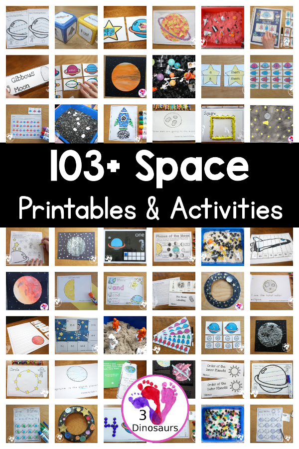 103+ Space Activities & Printables for kids - from space printables, space crafts, space gross motor, space sensory bins and lots more space activities- 3Dinosaurs.com