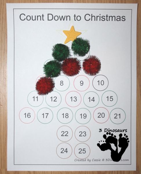 Free Single Page Count Down to Christmas Printables- 3Dinosaurs.com