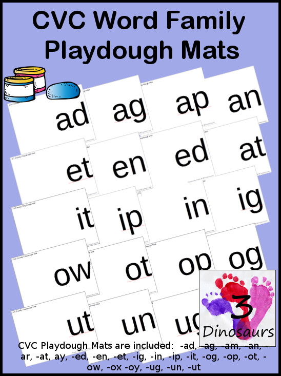 Round up of CVC Word Family Playdough Mats:  -ad, -ag, -am, -an, -ar, -at, ay, -ed, -en, -et, -ig, -in, -ip, -it, -og, -op, -ot, -ow, -ox -oy, -ug, -un, -ut - 3Dinosaurs.com
