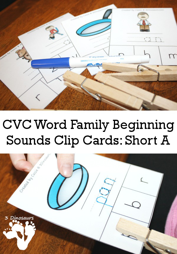 CVC Word Family Beginning Sound Clip Cards: Short A:  ab, -ag, - am, -an, -ap, -ar, -at - 3Dinosaurs.com