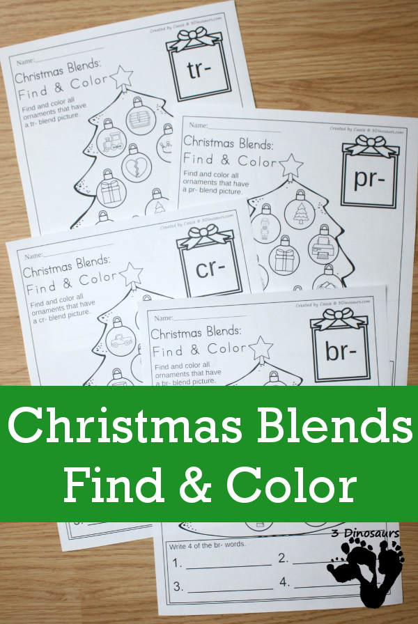 Free Easy No-Prep Christmas Blends Find & Color - with blends br, cr, pr and tr - 3Dinosaurs.com