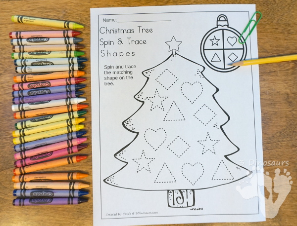 Free Christmas Tree Spin & Trace Shapes - 2 pages of no-prep shape tracing for kids - 3Dinosaurs.com #nopreprprintables #christmas #shapesforkids #freeprintables