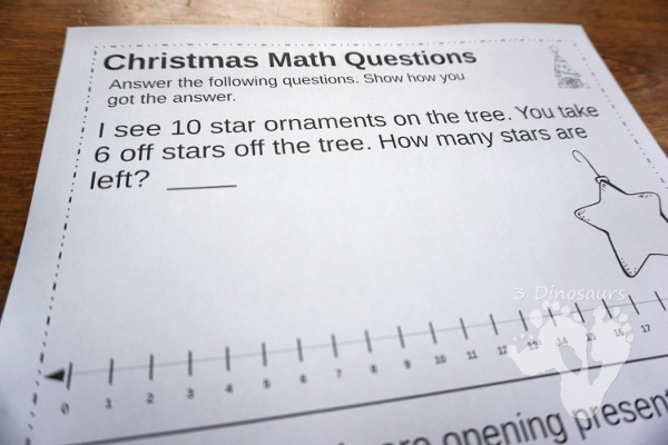 Free No-Prep Christmas Themed Addition Word Printables - 3 pages of no-prep addition and subtraction word problems with a number line - 3Dinosaurs.com #nopreprprintables #mathforkids #freeprintables