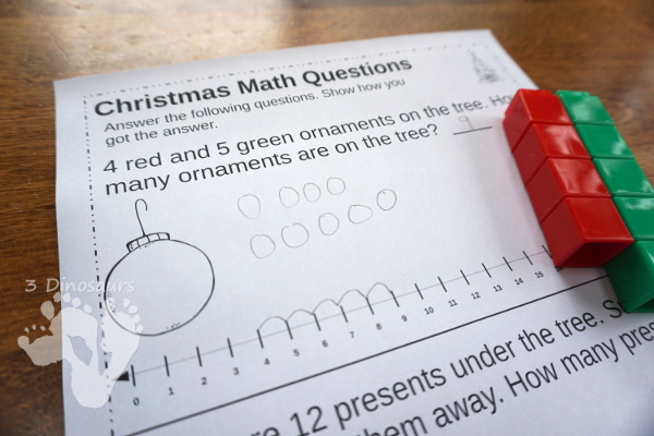 Free No-Prep Christmas Themed Addition Word Printables - 3 pages of no-prep addition and subtraction word problems with a number line - 3Dinosaurs.com #nopreprprintables #mathforkids #freeprintables