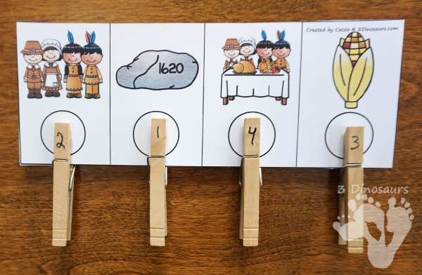 Sequencing: The First Thanksgiving & Cooking a Turkey - with clip cards, task cards, no-prep worksheets and easy reader books $ - 3Dinosaurs.com #printablesforkids #sequencingforkids #fallprintables #tpt #teacherspayteachers