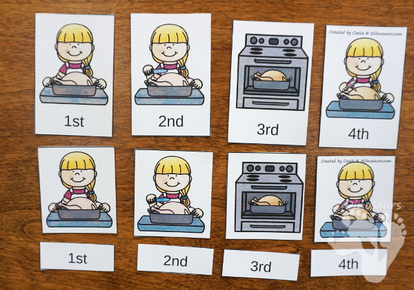 Sequencing: The First Thanksgiving & Cooking a Turkey - with clip cards, task cards, no-prep worksheets and easy reader books $ - 3Dinosaurs.com #printablesforkids #sequencingforkids #fallprintables #tpt #teacherspayteachers