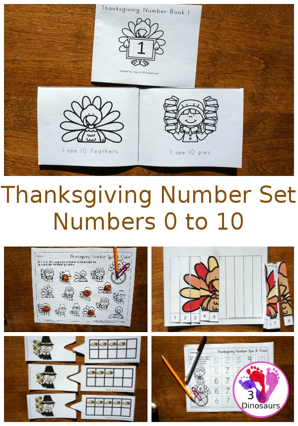 Thanksgiving Themed Number Set 1 to 10 - with clip cards, puzzles, no-prep worksheets, easy reader books, playdough mats and more $ - 3Dinosaurs.com #printablesforkids #thanksgiving #fallprintables #tpt #teacherspayteachers