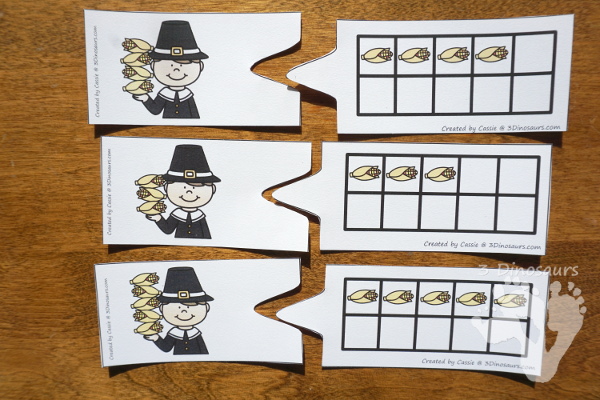 Thanksgiving Themed Number Set 1 to 10 - with clip cards, puzzles, no-prep worksheets, easy reader books, playdough mats and more $ - 3Dinosaurs.com #printablesforkids #thanksgiving #fallprintables #tpt #teacherspayteachers