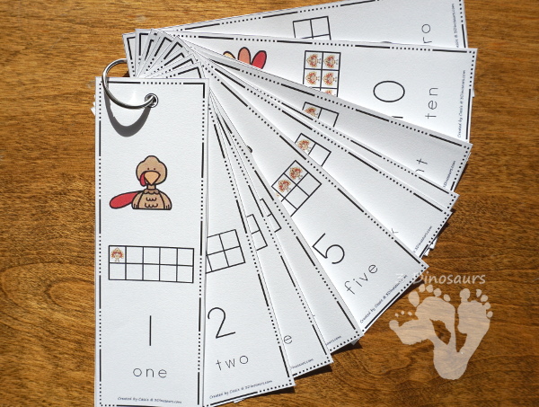 Thanksgiving Themed Number Set 1 to 10 - with clip cards, puzzles, no-prep worksheets, easy reader books, playdough mats and more $ - 3Dinosaurs.com #printablesforkids #thanksgiving #fallprintables #tpt #teacherspayteachers