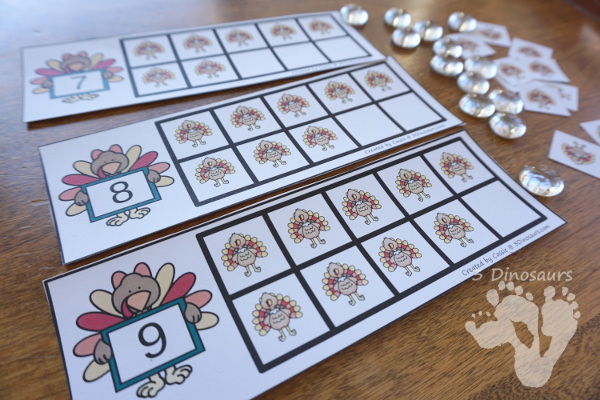 Free Turkey Ten Frame Cards - two different types of cards to use with turkeys - 3Dinosaurs.com #freeprintable #handsonlearning #thanksgivingprintables #kindergarten