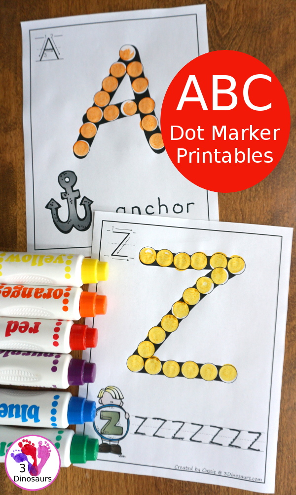Free ABC Dot Marker Uppercase & Lowercase - 78 pages of printables with 2 options for each uppercase and lowercase letter - 3Dinosaurs.com