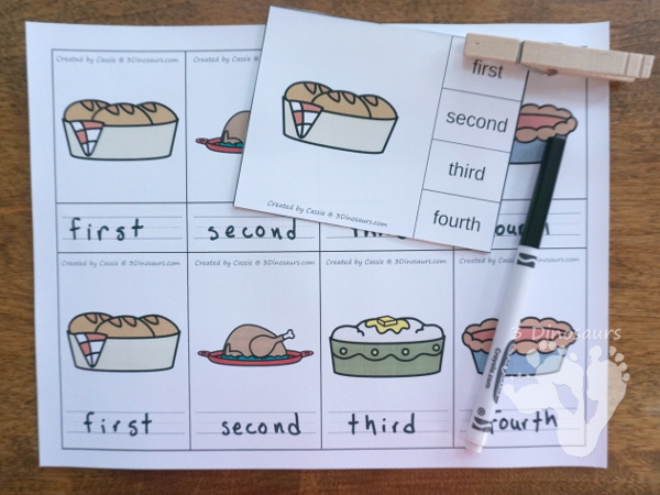 Free Sequencing Mini: Cooking Thanksgiving Dinner - 4 clip cards, 3 part cards, sequencing cut and paste, writing pages and mini book - 3Dinosaurs.com