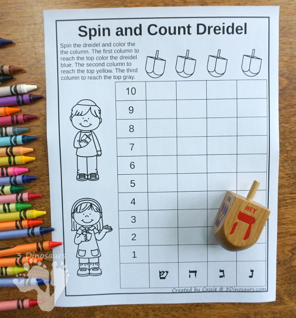 Free Hanukkah Spin & Count Dreidel - 2 graphs and one tally sheet to work on math with a dreidel - 3Dinosaurs.com