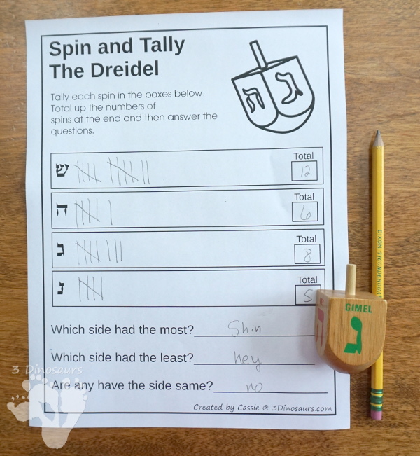 Free Hanukkah Spin & Count Dreidel - 2 graphs and one tally sheet to work on math with a dreidel - 3Dinosaurs.com