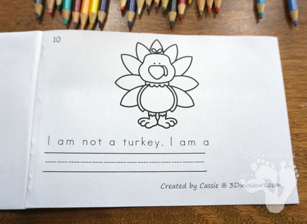 Free I Am Not A Turkey Easy Reader Book - 10 page book for kids to read and color - 3Dinosaurs.com
