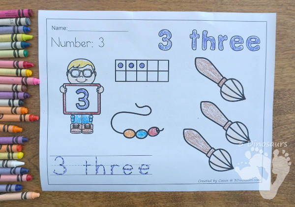 Number Coloring Pages - numbers 0 to 20 with easy no-prep pages to print  with ten frames and objects to count - 3Dinosaurs.com