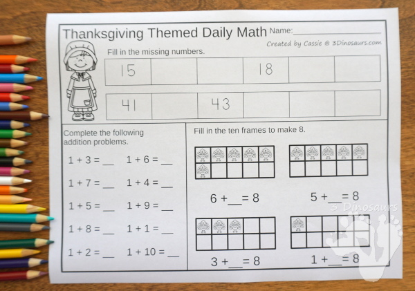 No Prep Thanksgiving Themed Addition & Subtraction and Multiplication & Division - 30 pages no-prep printables with a mix of addition and subtraction or multiplication and division activities plus a math center activities with Thanksgiving themes - 3Dinosaurs.com #noprepmath #tpt #addition #subtraction #multiplication #division #thanksgiving #fall